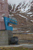 Settlement sign post for Pyramiden / Pyramiden, an abandoned Russian mining settlement